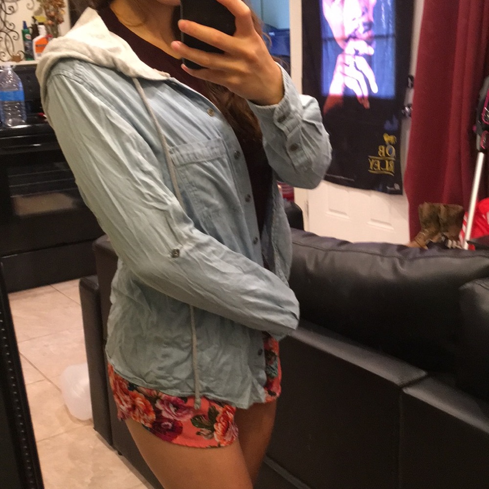 Lightweight “denim” button up with hoodie